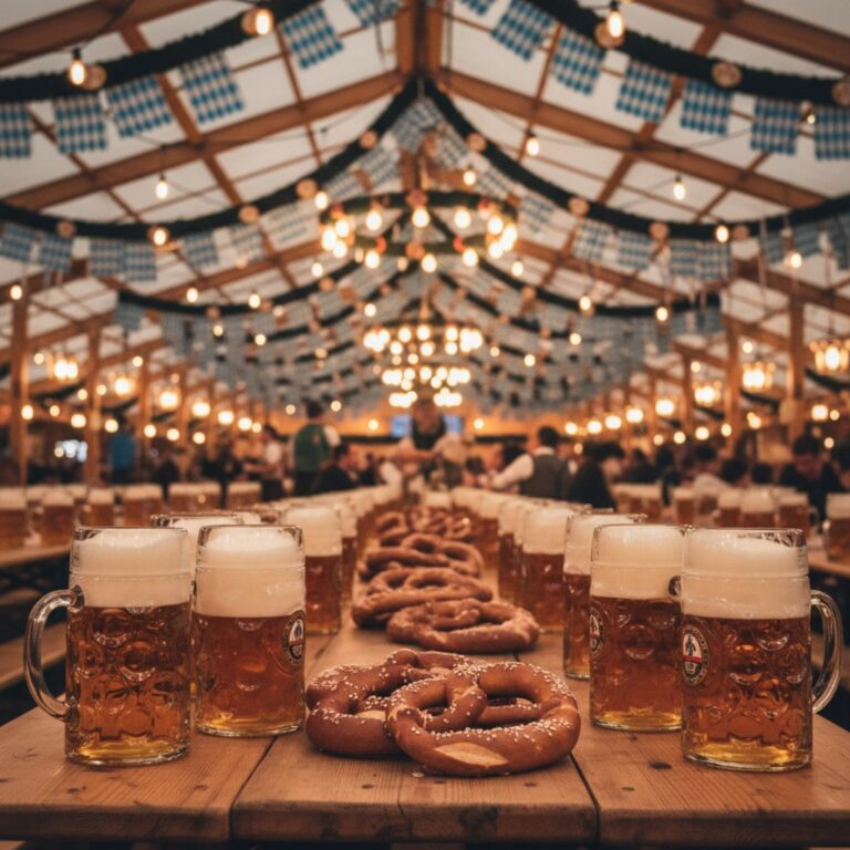 Festliches Oktoberfest-Bierzelt in Muenchen mit vollen Masskruegen auf Holztischen