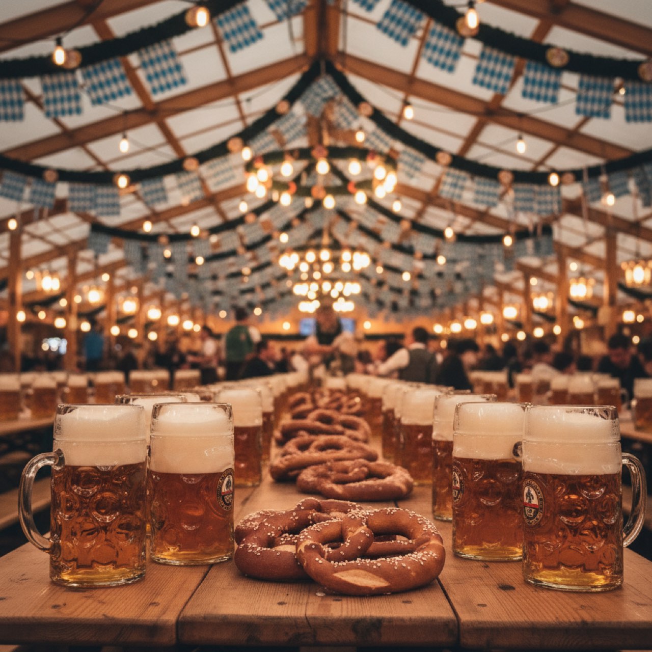 Festliches Oktoberfest-Bierzelt in Muenchen mit vollen Masskruegen auf Holztischen