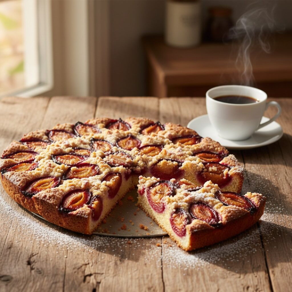 Frisch gebackener Pflaumenkuchen vom Blech mit reifen Pflaumen und Streuseln