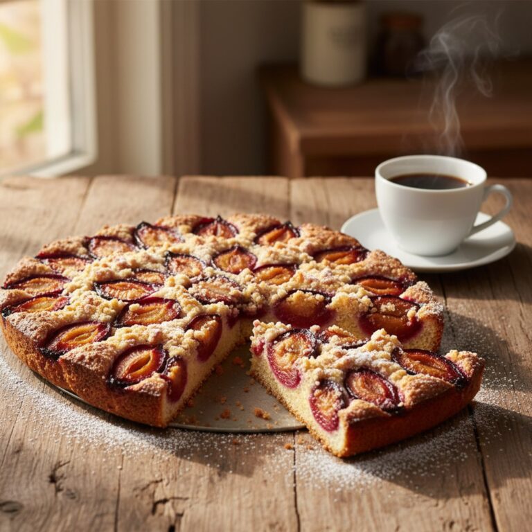 Frisch gebackener Pflaumenkuchen vom Blech mit reifen Pflaumen und Streuseln
