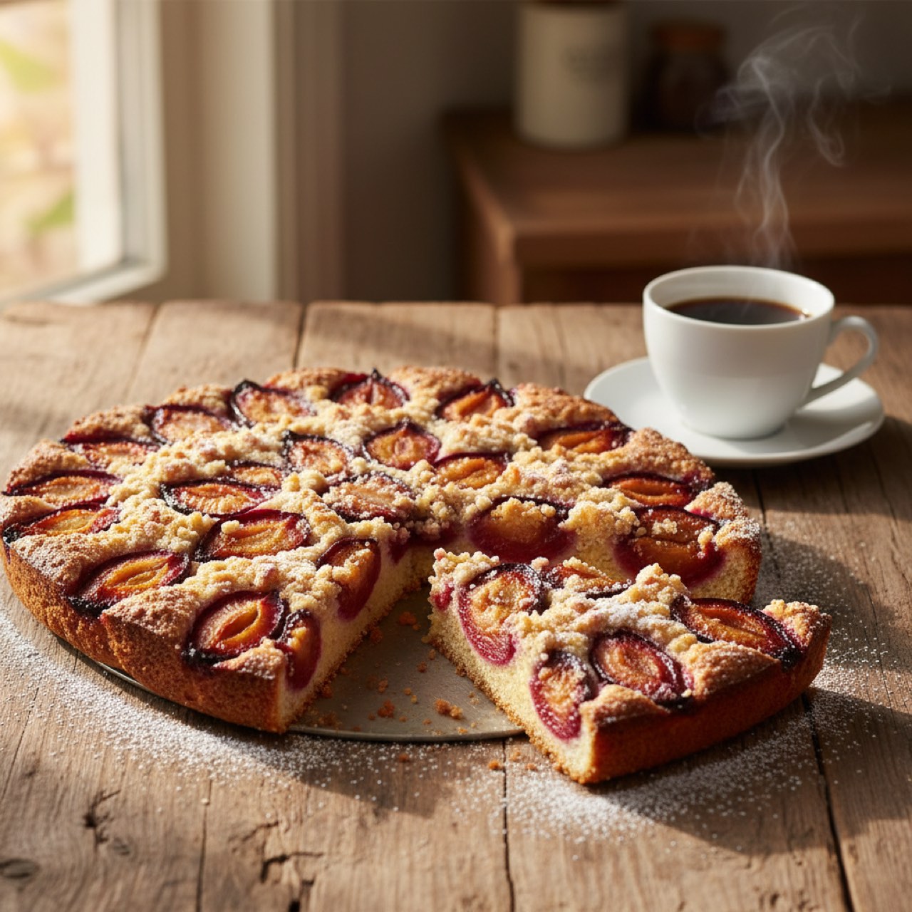 Frisch gebackener Pflaumenkuchen vom Blech mit reifen Pflaumen und Streuseln