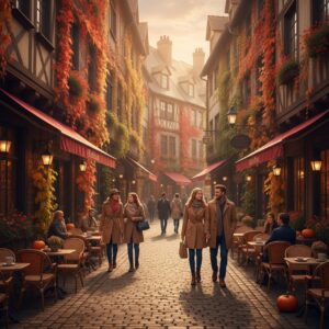Herbstliche europäische Altstadt mit buntem Laub bei einer Städtereise im Herbst