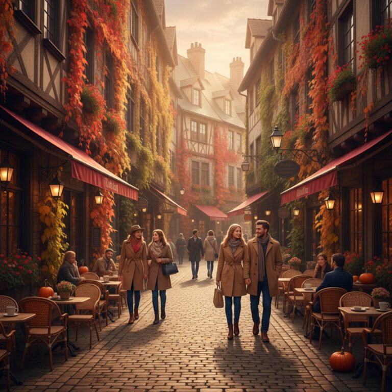 Herbstliche europäische Altstadt mit buntem Laub bei einer Städtereise im Herbst
