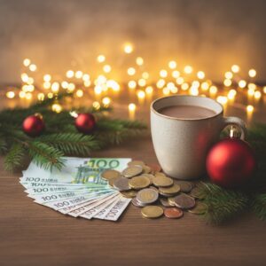 Euro-Geldscheine und Muenzen mit Tannenzweigen als Symbol fuer Weihnachtsgeld