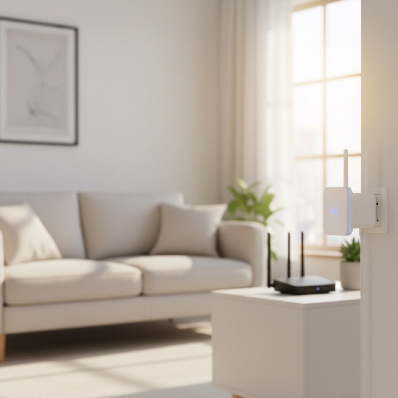 Weißer WLAN-Repeater in einer Wandsteckdose in einem hellen Wohnzimmer