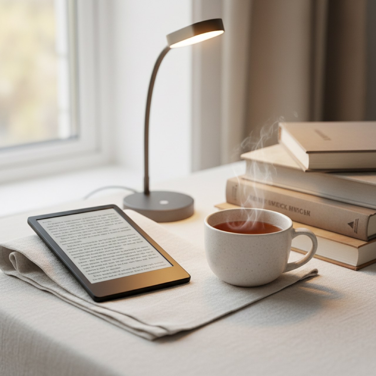 E-Book-Reader mit E-Ink-Display neben Teetasse und Buechern auf heller Leinendecke