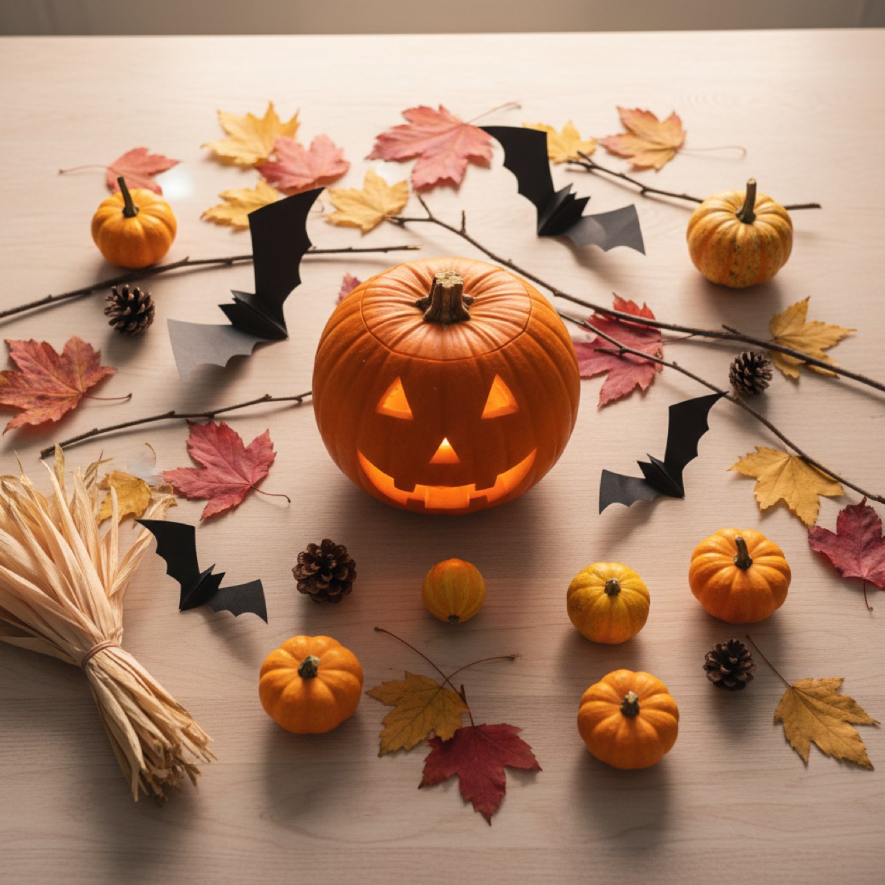 Selbstgemachte Halloween-Deko aus geschnitztem Kürbis, Papierfledermäusen und Herbstlaub auf einem hellen Holztisch