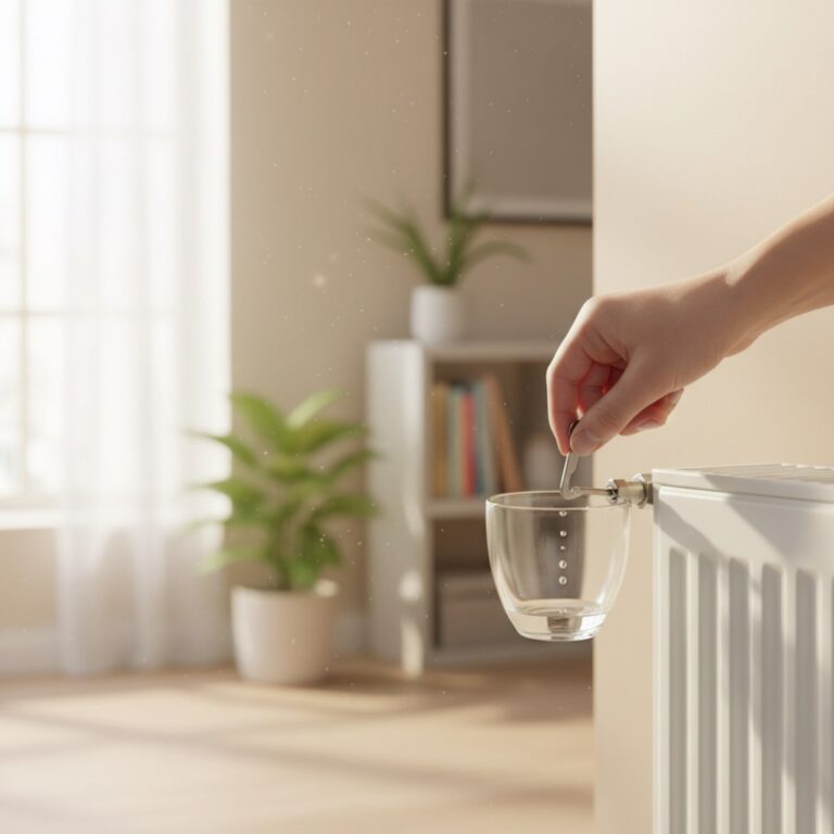 Hand entlüftet einen weißen Heizkörper mit einem Entlüftungsschlüssel am Ventil