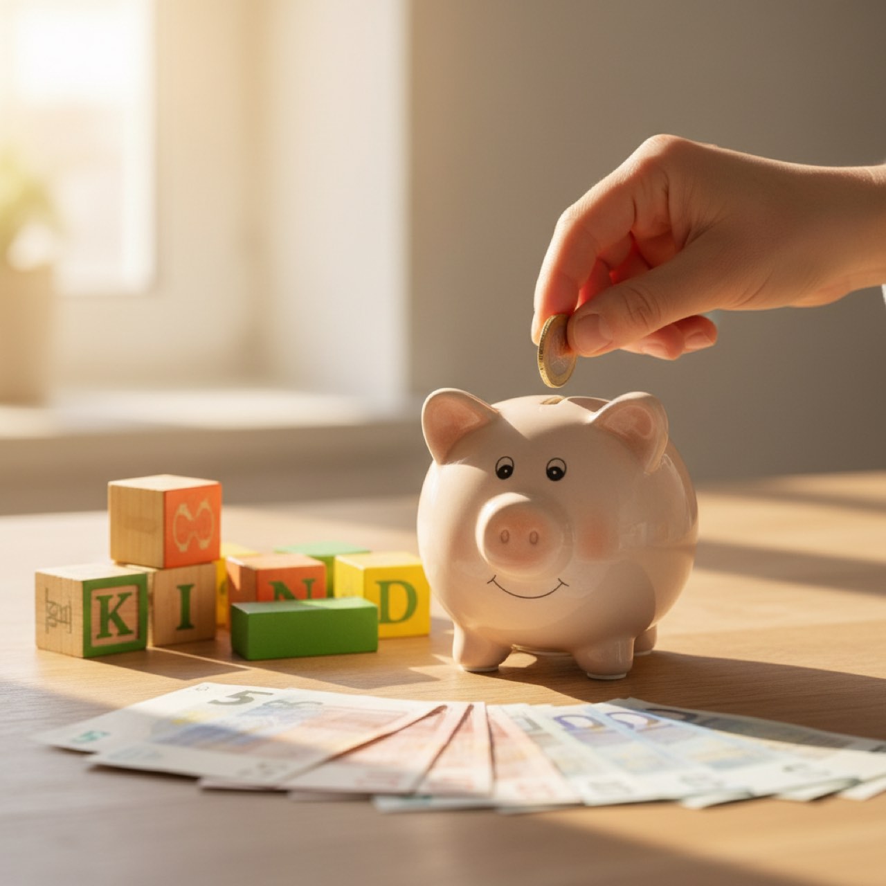 Elternhand steckt eine Euro-Münze in ein Sparschwein neben Bauklötzen und Geldscheinen als Symbol für Kindergeld und Familienfinanzen 2027