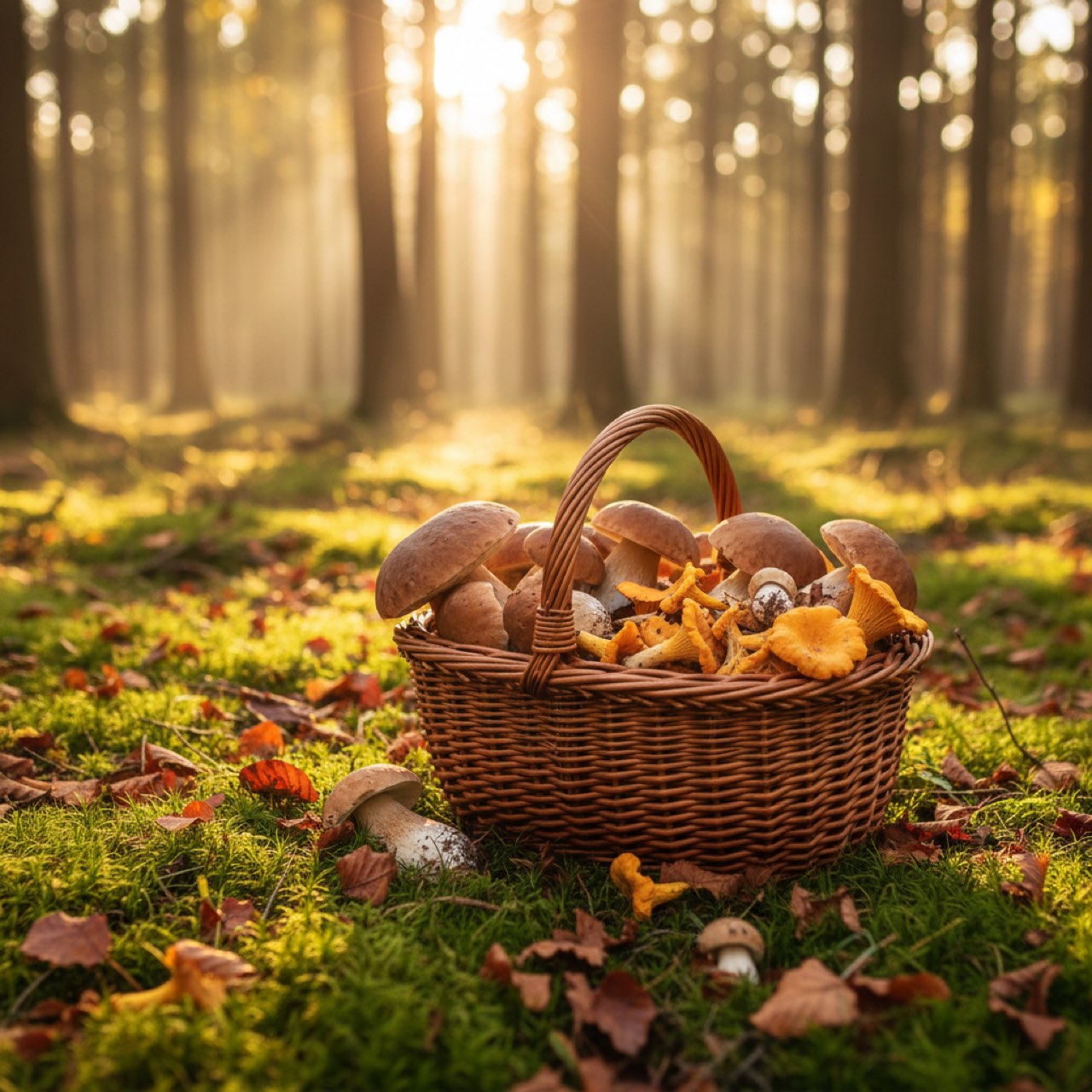 Geflochtener Korb mit frisch gesammelten Steinpilzen und Pfifferlingen auf Waldboden im Herbst