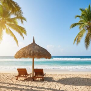 Sonniger Palmenstrand mit tuerkisem Meer als warmes Reiseziel im November