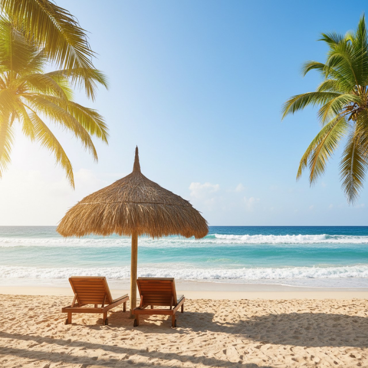 Sonniger Palmenstrand mit tuerkisem Meer als warmes Reiseziel im November