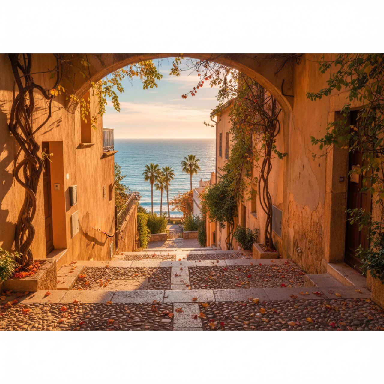 Sonnige mediterrane Altstadtgasse mit Meerblick und Herbstlaub als Reiseziel im Oktober