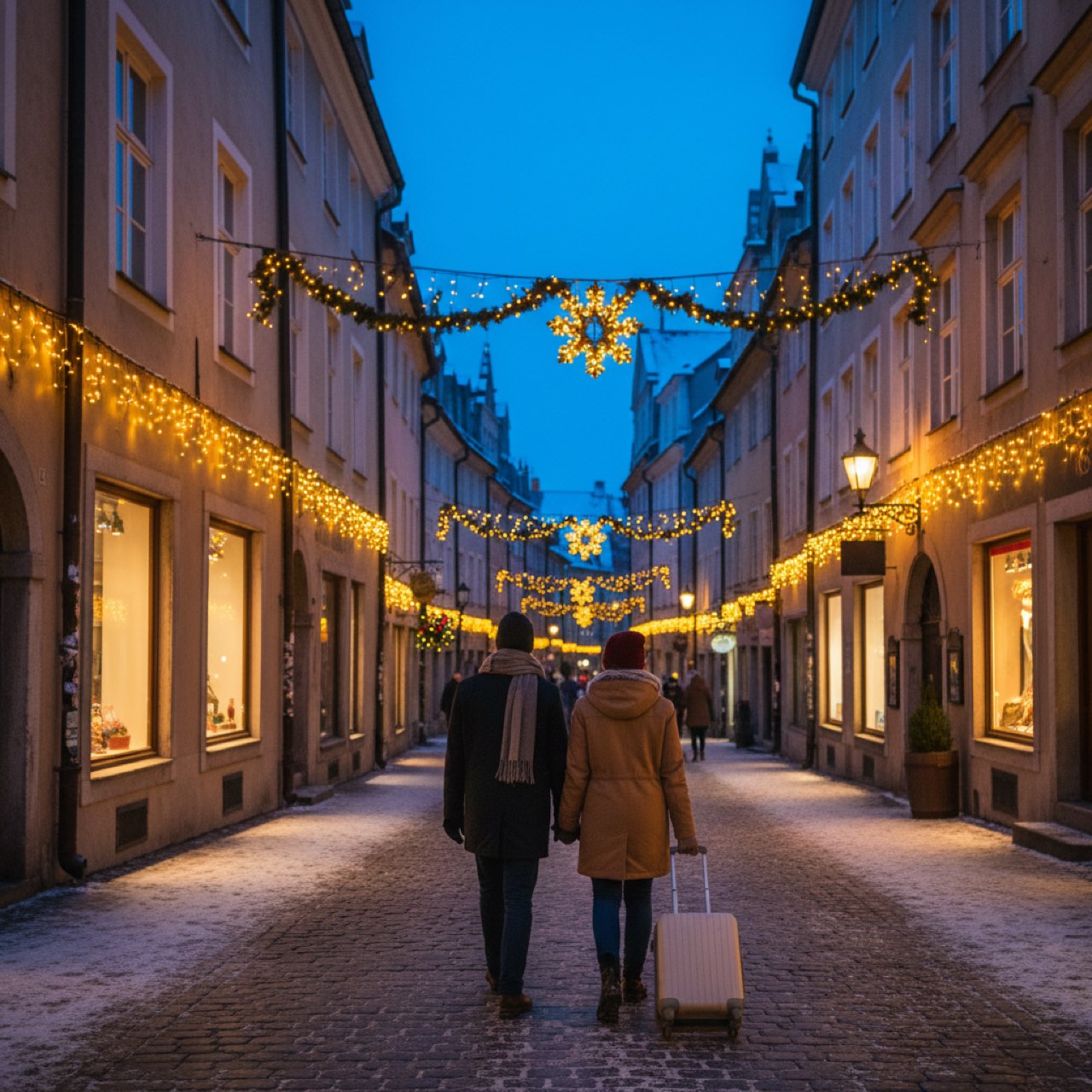 Festlich beleuchtete europaeische Altstadtgasse zu Silvester bei einem Silvester Kurztrip