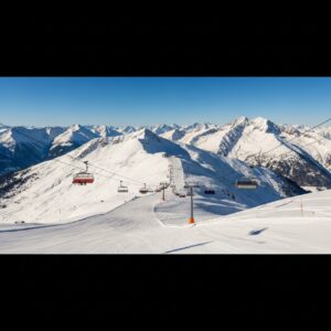 Sonniges Alpenpanorama mit präparierten Skipisten und verschneiten Gipfeln für den Skiurlaub in Österreich