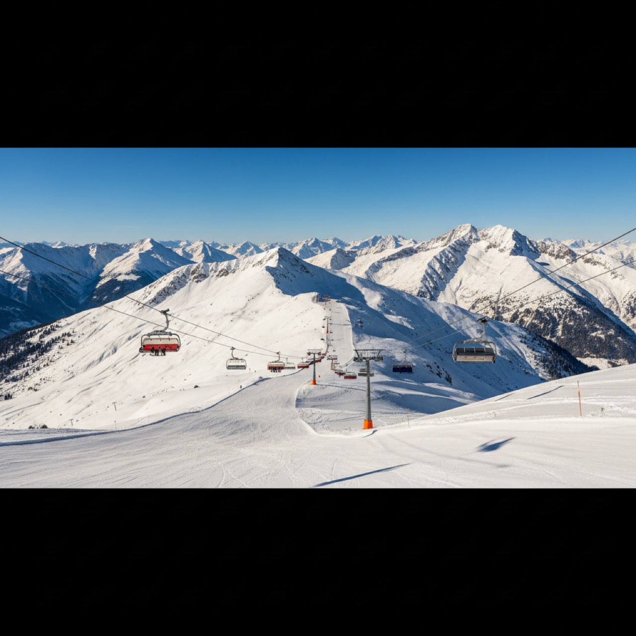 Sonniges Alpenpanorama mit präparierten Skipisten und verschneiten Gipfeln für den Skiurlaub in Österreich