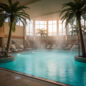 Dampfendes Thermalbecken einer Therme in Deutschland mit Liegen und Palmen