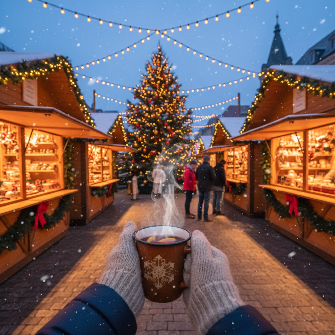 Beleuchtete Holzbuden auf einem deutschen Weihnachtsmarkt bei Abenddämmerung mit Lichterketten und dampfendem Glühwein