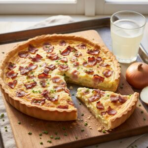Frisch gebackener Zwiebelkuchen vom Blech mit Speck und Schmand neben einem Glas Federweißer und frischen Zwiebeln
