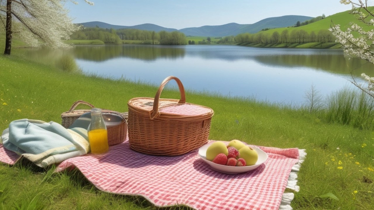 Rot-weiß karierte Picknickdecke mit zwei Weidenkörben, Orangensaft und einer Schale mit Äpfeln und Erdbeeren auf einer Frühlingswiese an einem See