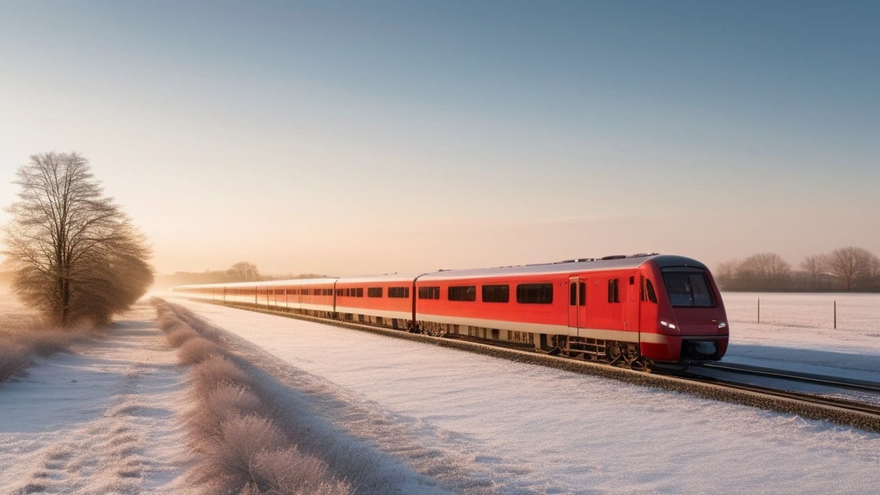 Roter Regionalzug fährt bei Sonnenaufgang durch eine verschneite Winterlandschaft mit kahlen Bäumen