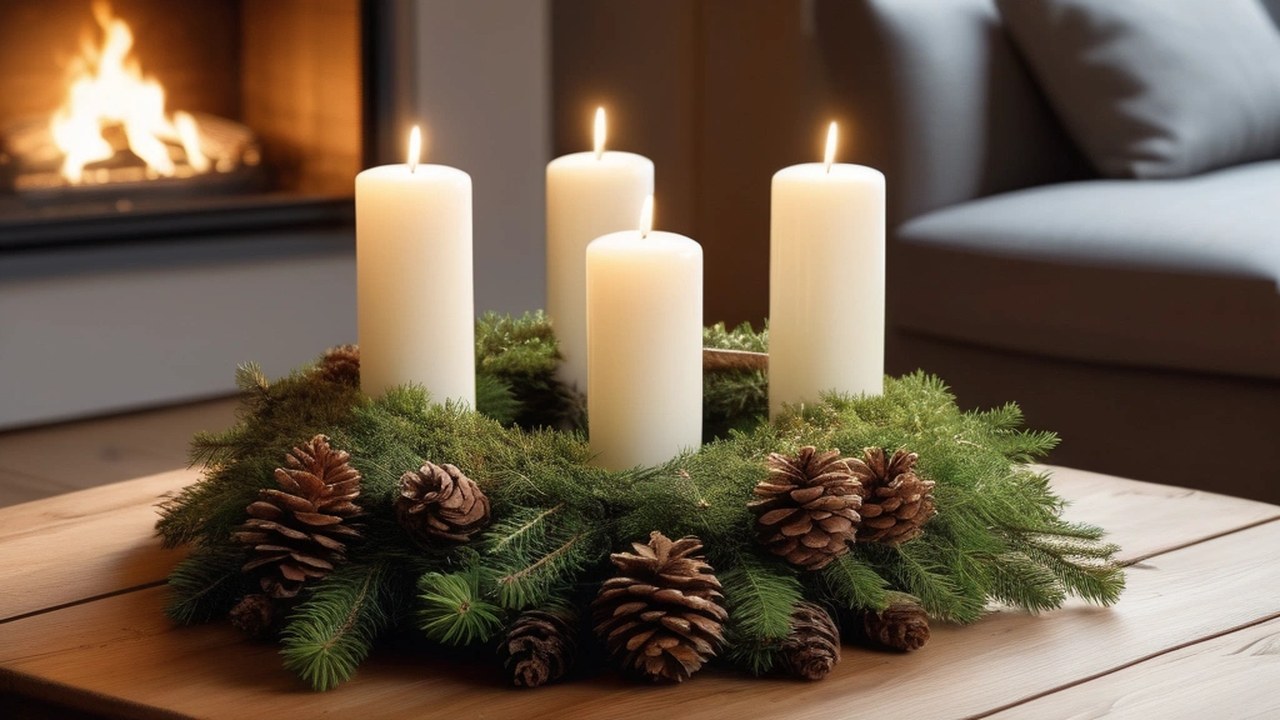 Adventskranz aus frischen Tannenzweigen mit Zapfen und vier brennenden weißen Kerzen auf einem Holztisch vor einem Kaminfeuer