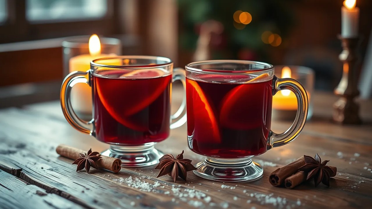 Zwei Glasbecher mit heißem Glühwein, Orangenscheiben, Zimtstangen und Sternanis auf einem Holztisch