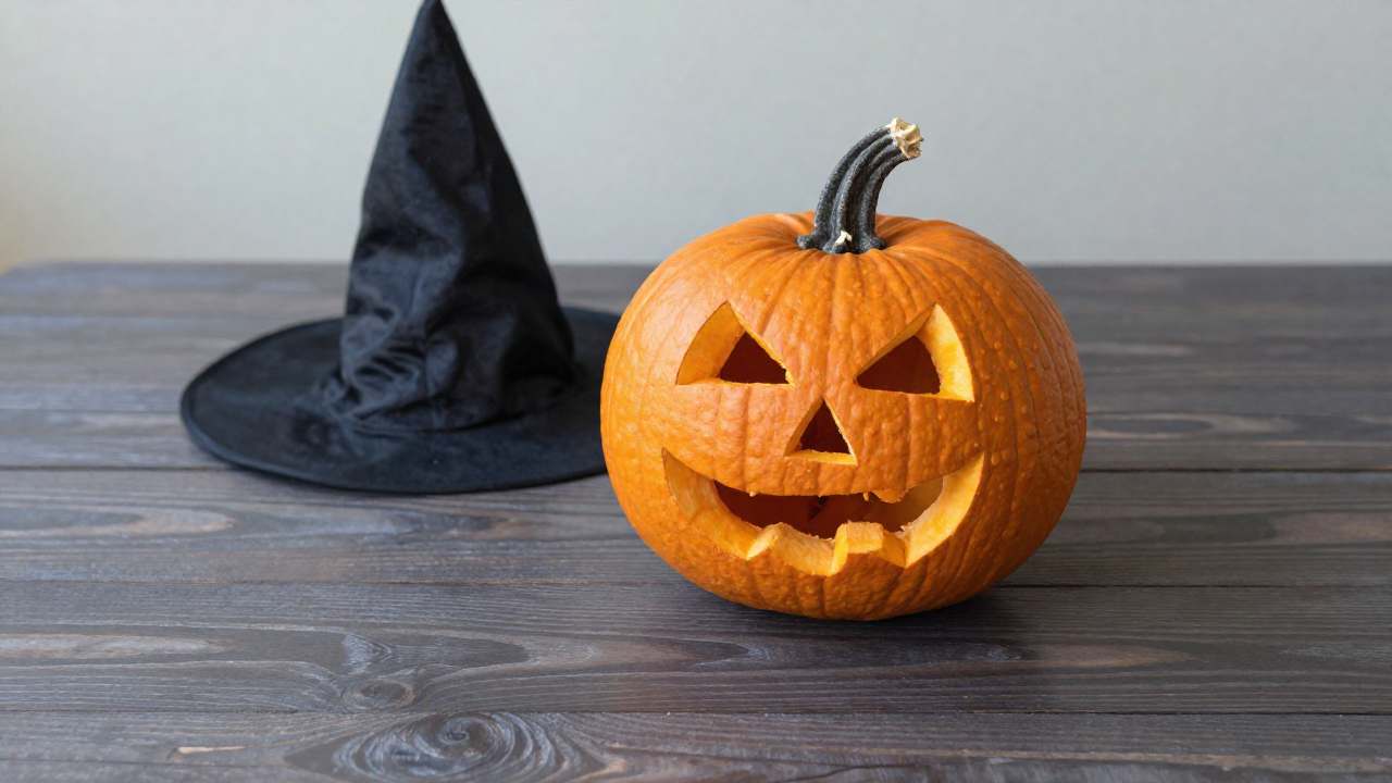 Kürbis und Hexenhut als Inspiration für Halloween Kostümvorschläge auf rustikalem Holz.