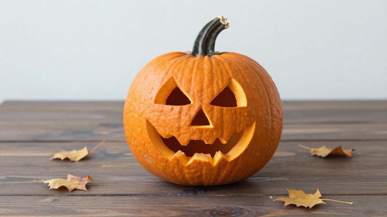 Ein geschnitzter Halloween-Kürbis auf Holztisch; Tipps zur Kürbis Vorlage Schnitzen für perfekte Deko.