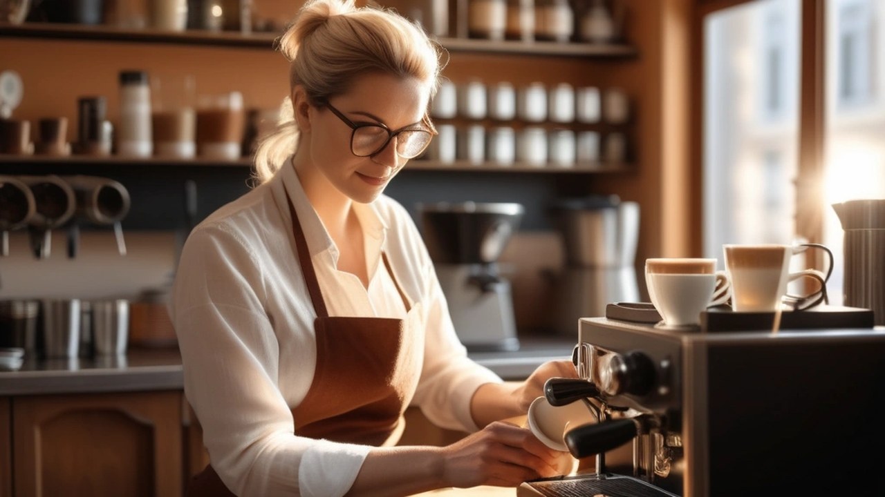 Frau mit Brille und brauner Schürze bereitet in einem Café Kaffee an einer Espressomaschine zu