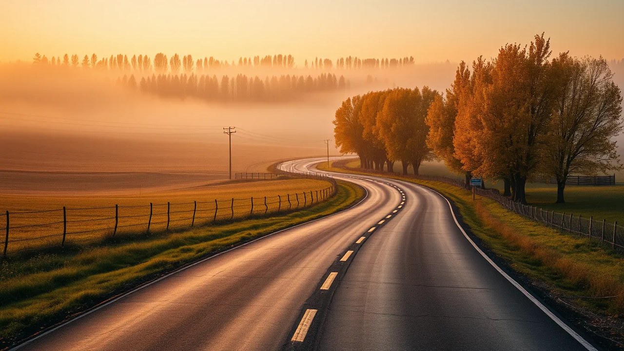 Leere, kurvige Landstraße zwischen Feldern und herbstlich gefärbten Bäumen bei Sonnenaufgang mit Morgennebel