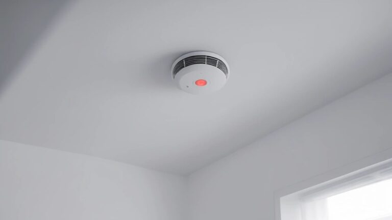 Weißer Rauchmelder mit roter Kontrollleuchte an der Zimmerdecke einer hellen Wohnung