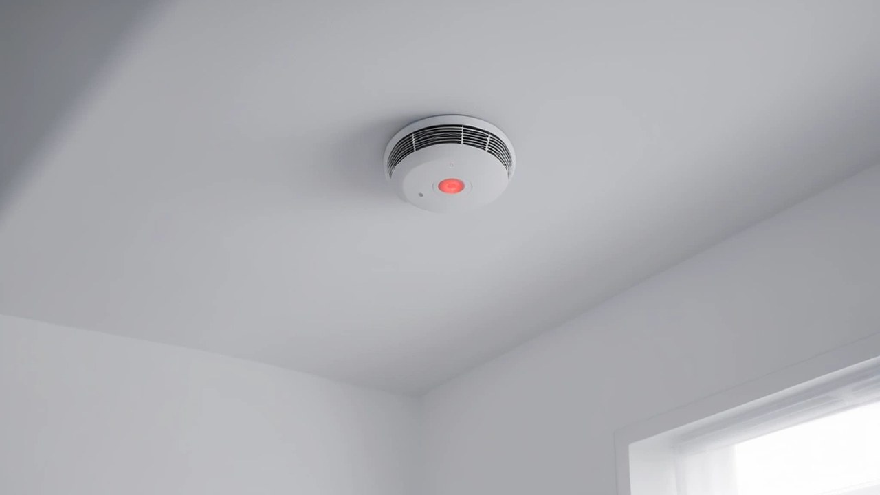 Weißer Rauchmelder mit roter Kontrollleuchte an der Zimmerdecke einer hellen Wohnung