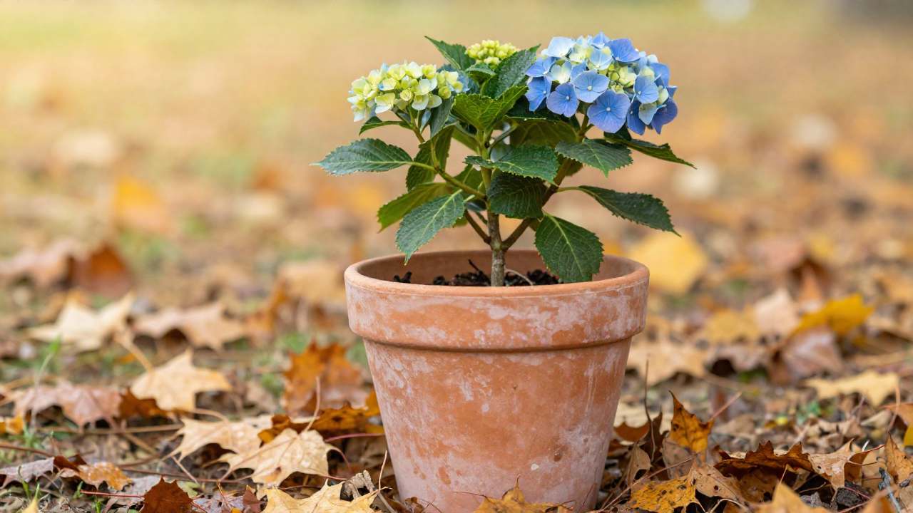 Gartenschere und vertrocknete Hortensie auf Holz – Tipps zum Schneiden von Hortensien im Herbst.