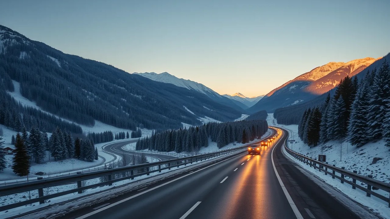Autobahn schlängelt sich bei Sonnenaufgang durch ein verschneites Alpental mit Nadelwald und schneebedeckten Gipfeln