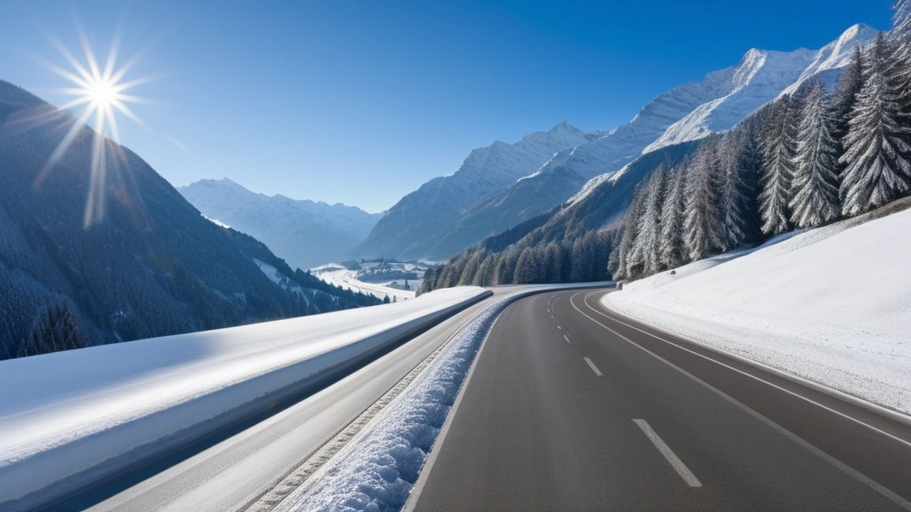 Verschneite Autobahn in den Alpen bei Sonnenschein mit Bergen und Tannen