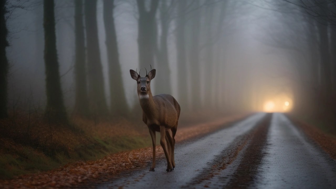 Reh steht in der Dämmerung am Rand einer nassen Landstraße im nebligen Wald