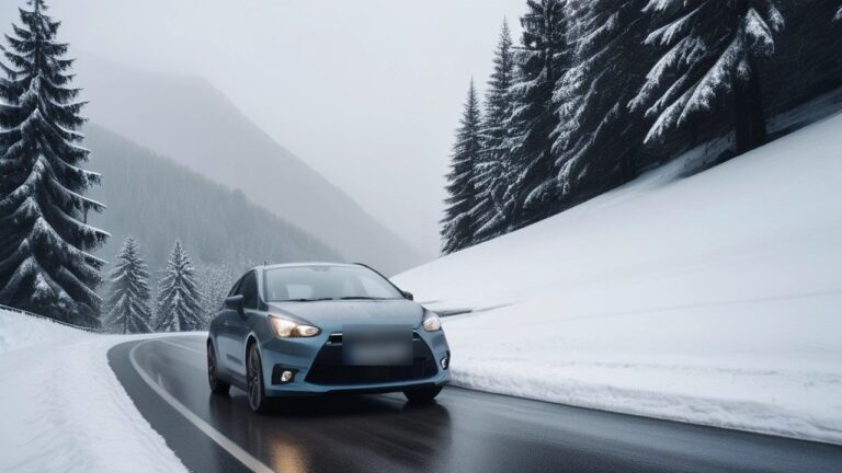 Kleinwagen auf einer Bergstraße zwischen verschneiten Tannen und Schneehängen im Winter