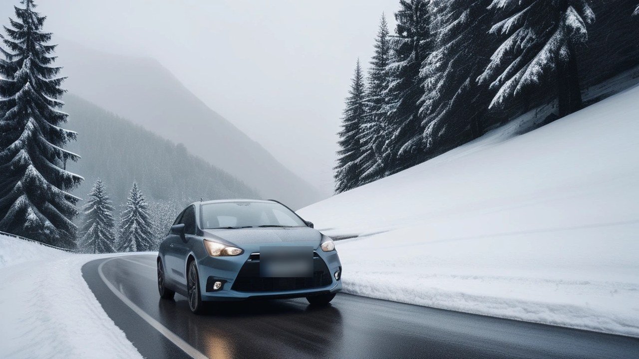 Kleinwagen auf einer Bergstraße zwischen verschneiten Tannen und Schneehängen im Winter