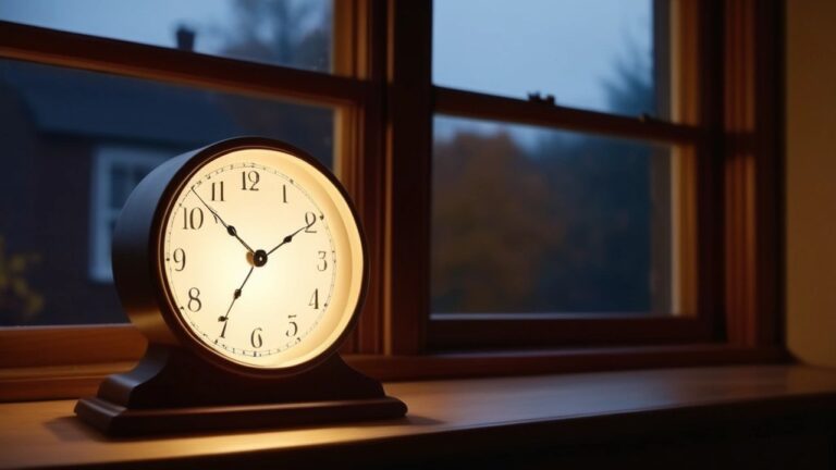 Analoge Tischuhr mit Ziffernblatt auf einer Fensterbank an einem Herbstabend in der Dämmerung